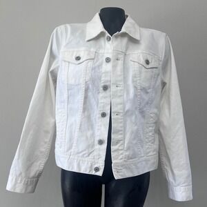 Talbots Womens Denim Trucker Jacket Sz M White Stretch Cotton Preppy Coastal